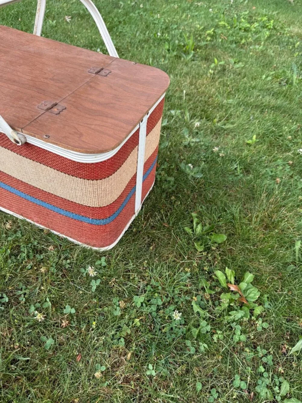 Vintage Woven Picnic Basket Wood Lid White Handles Red Blue Beige Stripes